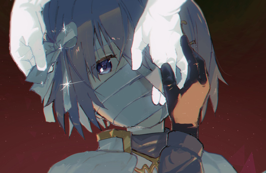 1girl adjusting_bow bandaged_head bandages black_jacket blue_eyes blue_hair bow cape commentary gloves gold_trim hair_bow hand_up highres jacket long_sleeves looking_at_viewer mahou_shoujo_madoka_magica mahou_shoujo_madoka_magica:_walpurgis_no_kaiten miki_sayaka portrait short_hair solo un_nm5sy white_bow white_cape white_gloves