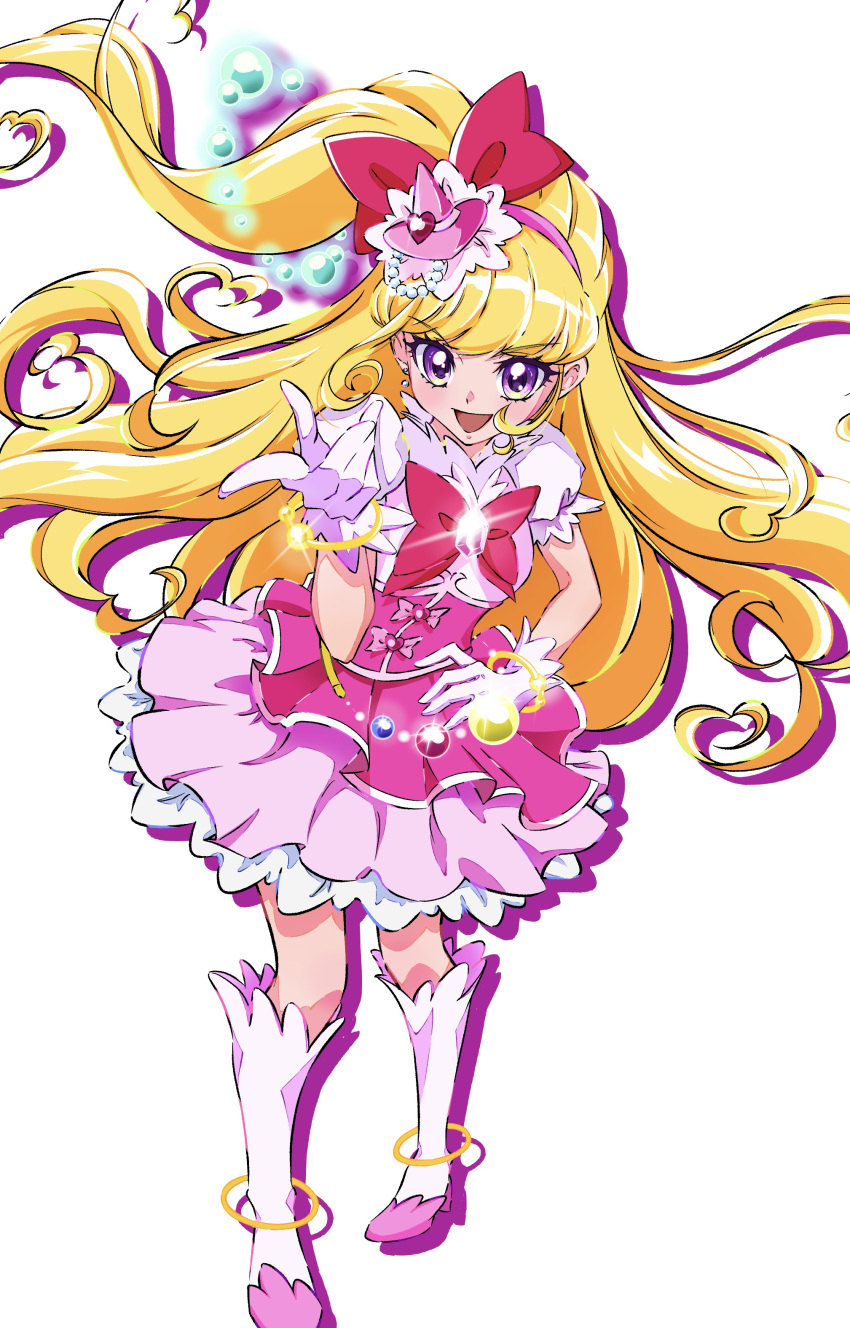 1girl absurdres asahina_mirai belly_chain blonde_hair boots bow bracelet brooch commentary cure_miracle dress gem gloves hair_bow hand_on_own_hip hat highres jewelry kengo_kumaxile layered_dress long_hair looking_at_viewer magical_girl mahou_girls_precure! mini_hat mini_witch_hat open_mouth pink_dress pink_headwear precure puffy_short_sleeves puffy_sleeves red_bow shadow short_dress short_sleeves side_ponytail simple_background smile solo standing very_long_hair violet_eyes white_background white_footwear white_gloves witch_hat