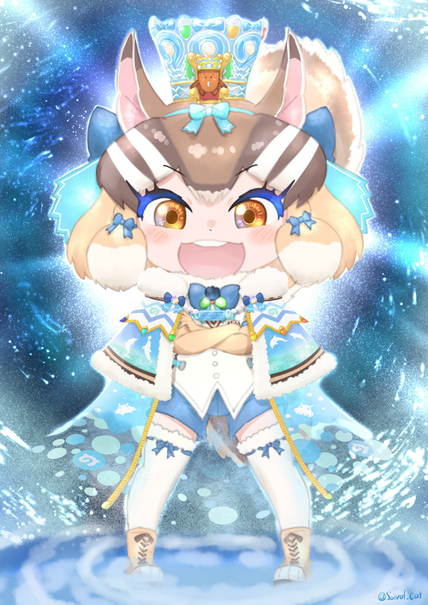 1girl absurdres acorn animal_ears boots brown_eyes brown_hair chipmunk_ears chipmunk_girl chipmunk_tail cloak elbow_gloves extra_ears gloves highres kemono_friends kemono_friends_v_project kneehighs looking_at_viewer microphone ribbon saival_cat short_hair shorts siberian_chipmunk_(kemono_friends) simple_background socks tail vest virtual_youtuber