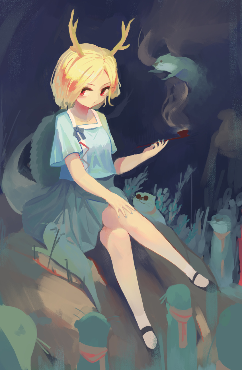 1girl absurdres black_footwear blonde_hair blue_shirt closed_mouth collarbone crossed_legs dragon_horns dragon_tail green_skirt highres holding holding_smoking_pipe horns housulu kicchou_yachie otter_spirit_(touhou) red_eyes shirt shoes short_hair short_sleeves sitting skirt smoking_pipe solo sunglasses tail touhou turtle_shell yellow_horns