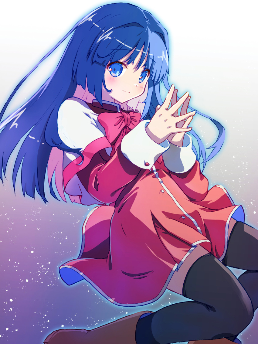 1girl akayama_yukihe black_thighhighs blue_eyes blue_hair blunt_ends blush boots bow brown_footwear capelet closed_mouth commentary dress feet_out_of_frame floating_clothes gradient_background hair_between_eyes hands_up highres kanon light_particles long_hair long_sleeves looking_at_viewer minase_nayuki own_hands_together pink_bow purple_background red_dress school_uniform short_dress simple_background smile solo steepled_fingers straight_hair thigh-highs white_background white_capelet zettai_ryouiki