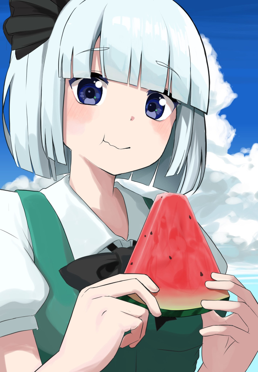 1girl black_bow black_bowtie black_hairband blue_eyes blue_sky blush bob_cut bow bowtie clouds collared_shirt eating food fruit green_vest grey_hair hair_bow hairband hands_up highres holding holding_food konpaku_youmu kurikuriman looking_at_viewer puffy_short_sleeves puffy_sleeves shirt short_hair short_sleeves sky solo touhou upper_body vest watermelon watermelon_slice wavy_mouth white_shirt