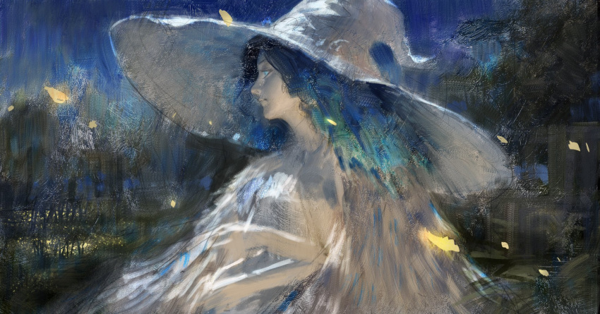 1girl blue_dress blue_eyes blue_hair blue_headwear blue_robe blue_skin cloak colored_skin crossed_arms dress elden_ring extra_arms falling_leaves fur_cloak hat highres landscape large_hat leaf looking_to_the_side night night_sky ranni_the_witch robe sky tree wide_brim witch witch_hat yellow_leaves yuhong_ding