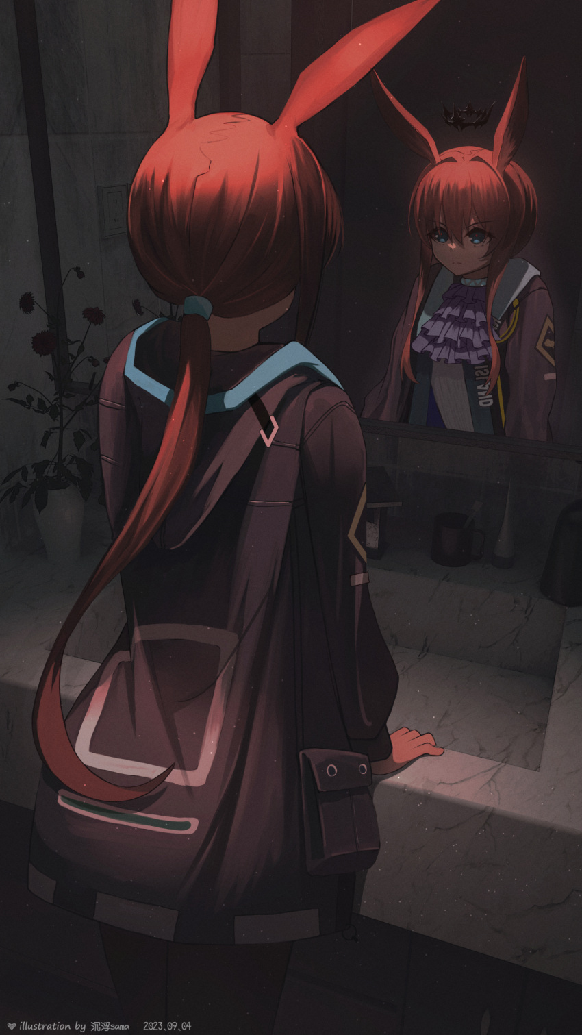 1girl amiya_(arknights) arknights artist_name ascot black_jacket black_pantyhose blue_ascot blue_eyes brown_hair chenfusama clothes_writing dated different_reflection floating_crown hair_between_eyes highres jacket long_hair long_sleeves marble_(stone) mirror open_clothes open_jacket pantyhose ponytail reflection shirt sidelocks sink solo white_shirt