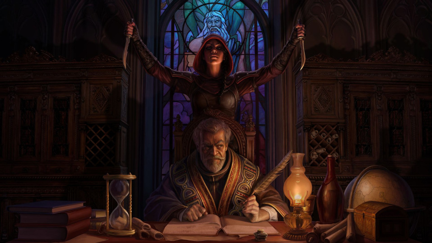 1boy 1girl beard book bottle clenched_hands dagger dual_wielding facial_hair globe grey_hair highres holding holding_dagger holding_knife holding_quill holding_weapon hood hourglass indoors inkwell knife lamp official_art open_book quill scroll stained_glass the_elder_scrolls_online treasure_chest weapon