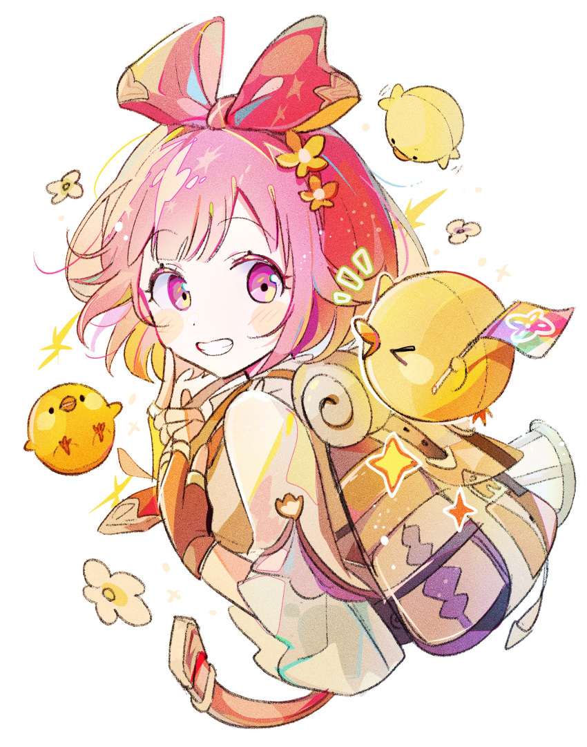 1girl absurdres backpack bag bird bow brown_gloves chick commentary dot_nose fingerless_gloves flag flower gloves hair_flower hair_ornament hands_up highres holding holding_flag looking_at_another momomo_(m0_3) notice_lines ootori_emu pink_bow pink_eyes pink_hair project_sekai short_hair smile solo symbol-only_commentary teeth upper_body white_background
