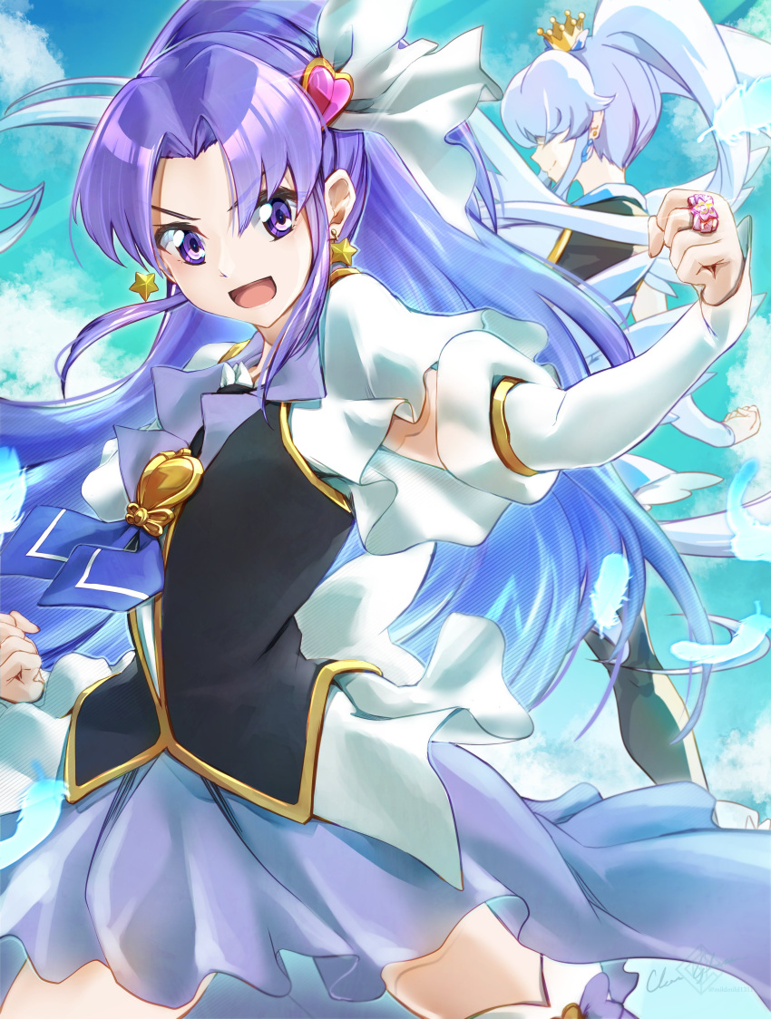 2girls absurdres blue_hair blue_thighhighs boots brooch clear_glass_(mildmild1311) cowboy_shot crown cure_fortune cure_princess flying hair_ornament happinesscharge_precure! heart heart_brooch heart_hair_ornament highres hikawa_iona jewelry long_hair magical_girl mini_crown multiple_girls open_mouth ponytail precure purple_hair purple_skirt shirayuki_hime skirt smile thigh-highs twintails violet_eyes wide_ponytail wing_earrings wings
