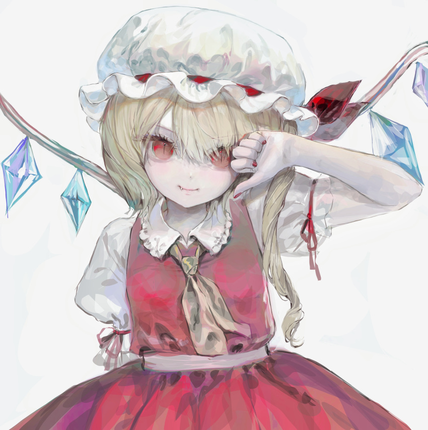 1girl absurdres blonde_hair collared_shirt crystal dress fang flandre_scarlet frilled_shirt_collar frills hand_up hat highres looking_at_viewer medium_hair mob_cap nail_polish neckerchief one_side_up puffy_short_sleeves puffy_sleeves qiqiqiqi red_dress red_eyes red_nails shirt short_sleeves simple_background slit_pupils smile solo swept_bangs thumbs_down touhou upper_body white_background white_headwear white_shirt wings yellow_neckerchief