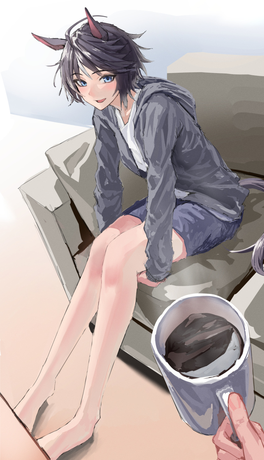 1girl 1other absurdres ahoge alternate_costume animal_ears arm_support bare_legs barefoot black_hair blue_eyes blue_shorts cardigan collarbone couch cup drink fanged_bangs fingernails fisheye fuji_kiseki_(umamusume) grey_cardigan grey_hair highres holding holding_cup hood hood_down hooded_cardigan horse_ears horse_girl horse_tail indoors leaning_forward light_blush long_sleeves looking_at_viewer multicolored_hair on_couch open_cardigan open_clothes open_mouth outstretched_arms pov pov_hands shirt short_hair shorts smile solo_focus steam suwa763 tail toes two-tone_hair umamusume white_shirt