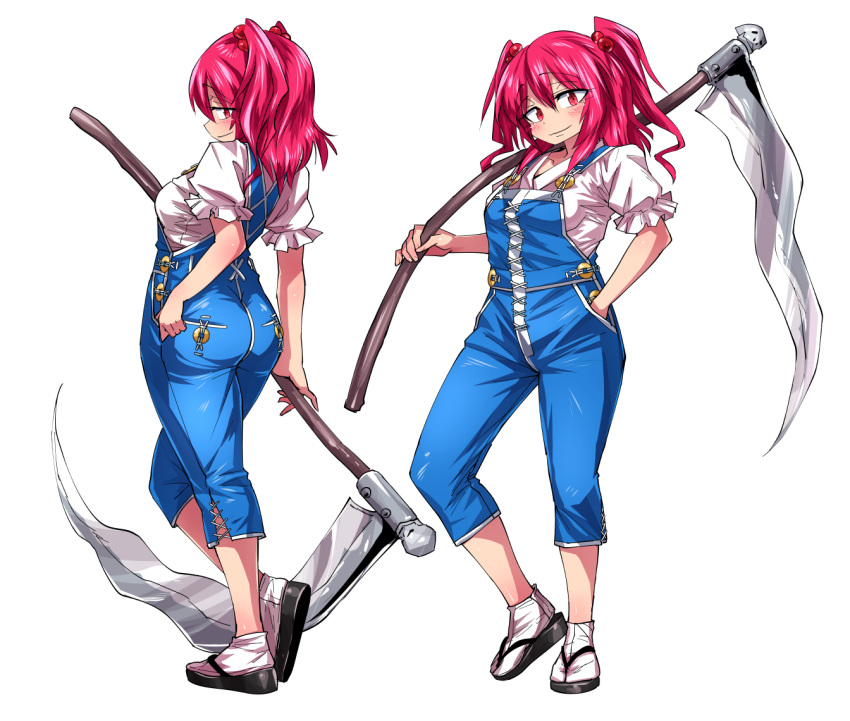 1girl adapted_costume alternate_costume blue_overalls blush breasts carrying_over_shoulder closed_mouth full_body hair_bobbles hair_ornament hand_in_pocket holding holding_scythe looking_at_viewer medium_breasts multiple_views okobo onozuka_komachi overalls pink_hair red_eyes redhead scythe shimizu_pem shirt smile socks tabi touhou two_side_up white_shirt white_socks