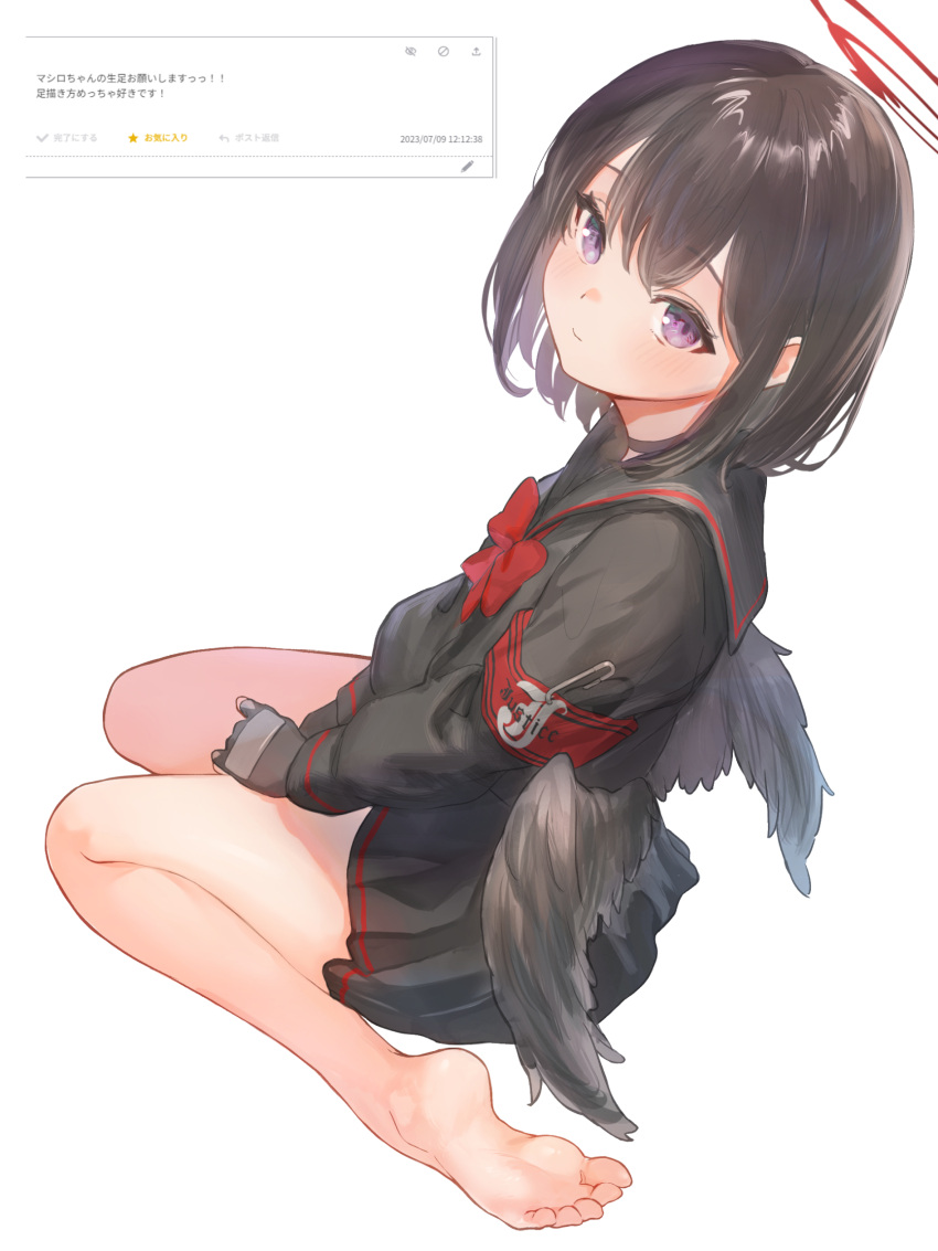 1girl armband barefoot black_hair black_skirt black_wings blue_archive gloves halo highres looking_at_viewer marulire mashiro_(blue_archive) red_ribbon ribbon sailor_collar simple_background sitting skirt violet_eyes wings