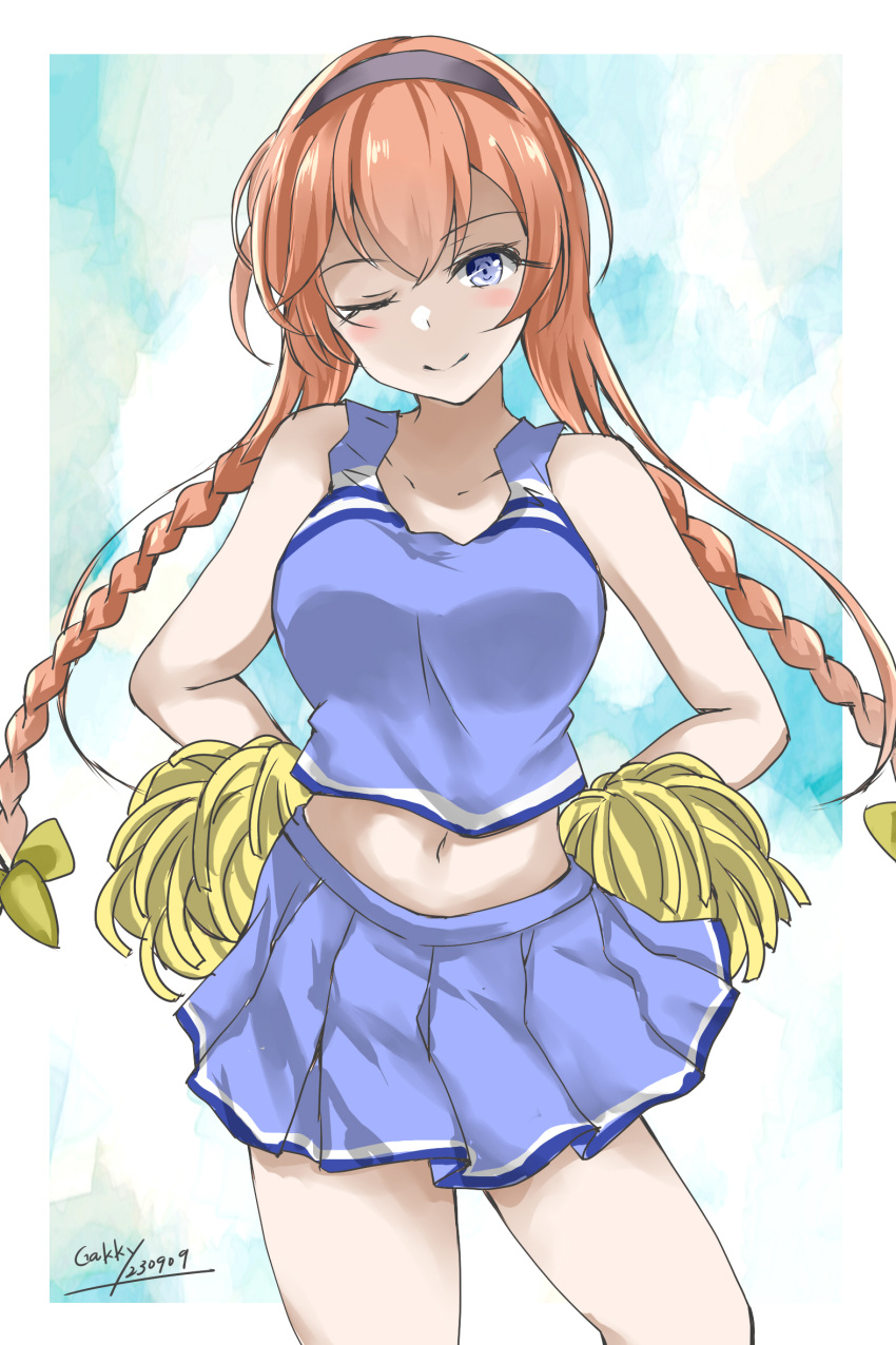 1girl blue_shirt blue_skirt blue_sky braid breasts cheerleader clouds gakky grey_eyes hair_ornament hairband hands_on_own_hips highres holding holding_pom_poms kantai_collection light_brown_hair long_hair medium_breasts navel one-hour_drawing_challenge one_eye_closed pleated_skirt pom_pom_(cheerleading) propeller_hair_ornament purple_hairband shirt skirt sky sleeveless sleeveless_shirt solo teruzuki_(kancolle) twin_braids