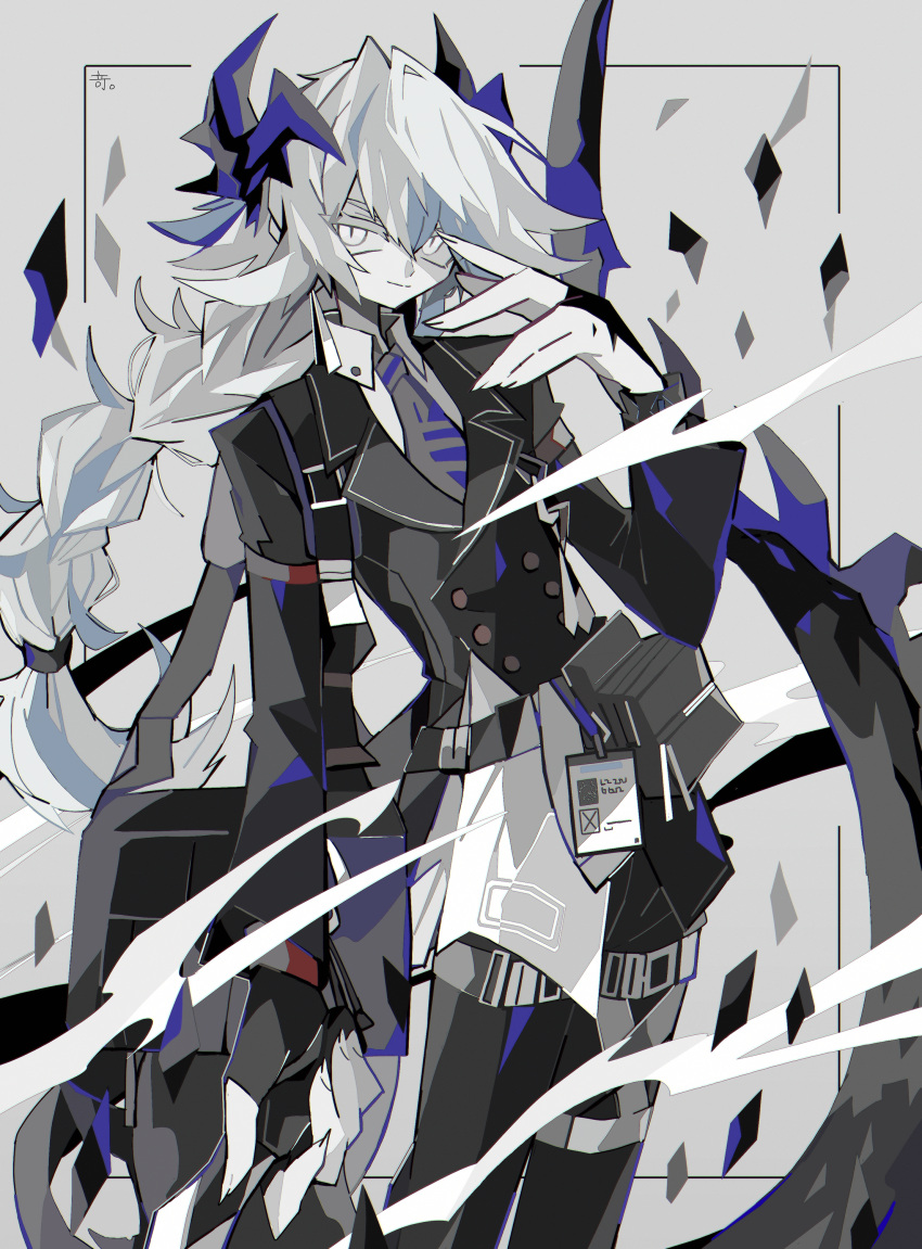 1boy absurdres arknights asagina_gi black_suit black_vest blue_hair briefcase collared_shirt commentary demon_boy demon_horns demon_tail formal grey_background grey_necktie highres horns id_card light_blue_hair long_sleeves looking_at_viewer male_focus multicolored_hair necktie ponytail puzzle_(arknights) shirt simple_background slit_pupils solo streaked_hair suit symbol-only_commentary tail vest white_eyes white_hair white_shirt