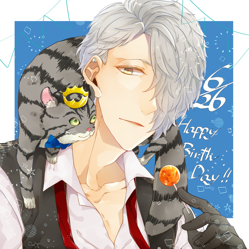 1boy absurdres animal_on_shoulder black_gloves black_vest blue_background blue_bow bow brown_eyes bustafellows candy cat cat_on_shoulder collarbone crown dated ear_piercing food gloves grey_hair hair_over_one_eye highres lollipop male_focus mataka890 mini_crown piercing shirt shu_(bustafellows) string_of_flags upper_body vest white_shirt