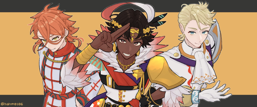 3boys armor ascot blonde_hair blue_eyes brown_eyes bunet_(fire_emblem) circlet closed_mouth dark-skinned_male dark_skin earrings feather_trim fire_emblem fire_emblem_engage fogado_(fire_emblem) gloves gold_trim hahm0106 highres jewelry looking_at_viewer male_focus multiple_boys necklace orange_hair pandreo_(fire_emblem) short_hair shoulder_armor smile white_ascot white_gloves yellow_eyes