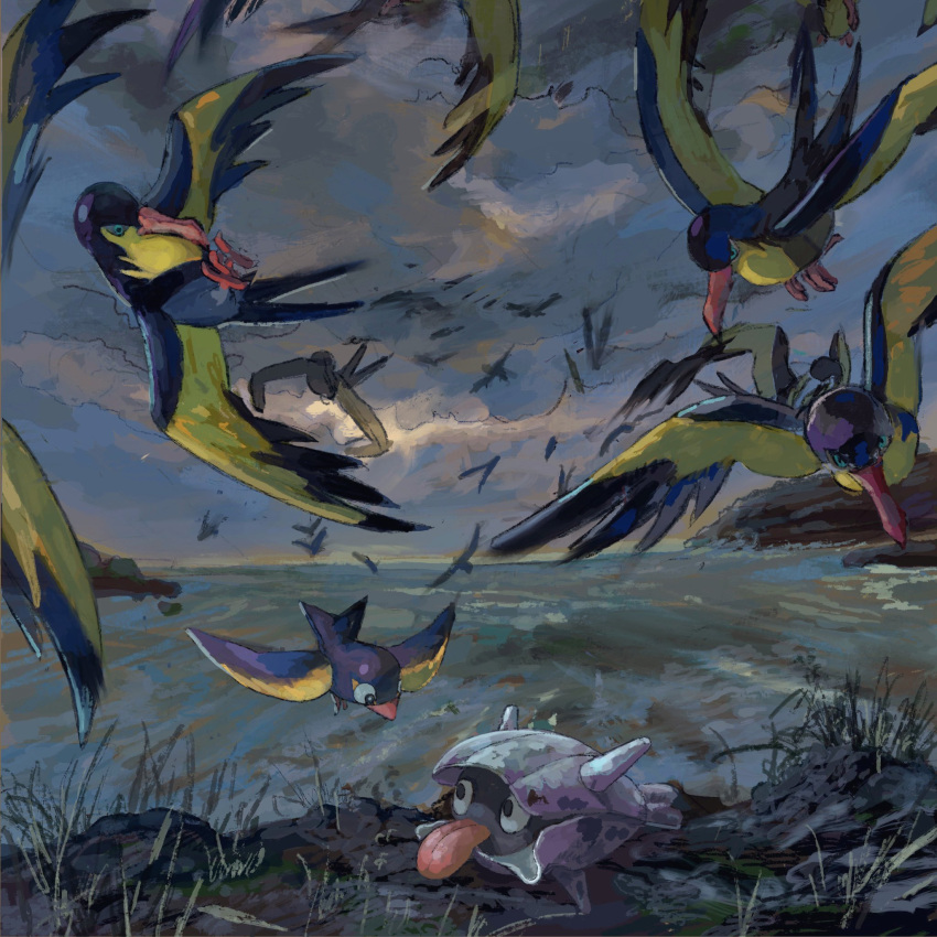 bird black_eyes clouds cloudy_sky flying grass highres kilowattrel looking_at_another no_humans outdoors pokemon pokemon_(creature) sakusakufugashi shellder sky tongue tongue_out too_many too_many_birds water
