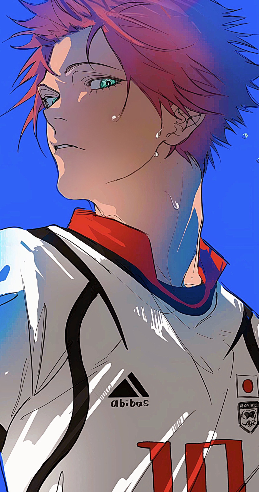 1boy absurdres blue_background blue_lock bo_toike57 green_eyes highres itoshi_sae looking_at_viewer male_focus parted_lips pink_hair shadow short_hair soccer_uniform solo spiky_hair sportswear sweat sweatdrop upper_body white_hair
