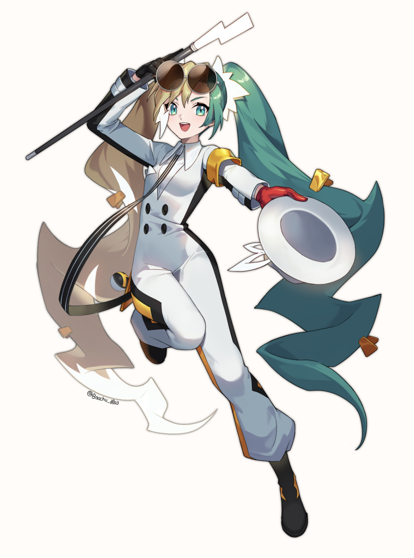 1girl :d armband black_footwear boots buttons cane commentary_request eyelashes full_body gloves green_eyes green_hair hat hatsune_miku highres holding holding_cane holding_clothes holding_hat jumpsuit korean_commentary long_hair long_sleeves mongguri multicolored_hair necktie open_mouth simple_background smile solo teeth tongue twintails upper_teeth_only vocaloid white_background white_jumpsuit