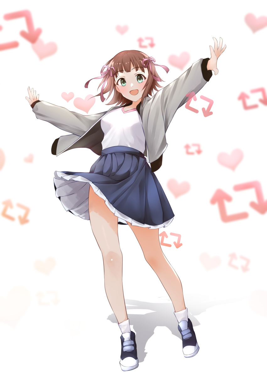 1girl absurdres amami_haruka b1ack_illust black_footwear blue_skirt blush bow breasts brown_hair clothes_lift dot_nose full_body green_eyes grey_jacket hair_bow hair_ribbon hands_up highres idolmaster idolmaster_(classic) idolmaster_million_live! idolmaster_million_live!_theater_days jacket like_and_retweet long_sleeves looking_at_viewer medium_breasts open_clothes open_hands open_jacket open_mouth outstretched_arms pink_ribbon pleated_skirt ribbon shadow shirt shoes short_hair skirt skirt_lift smile sneakers socks solo standing white_background white_shirt white_socks wind wind_lift