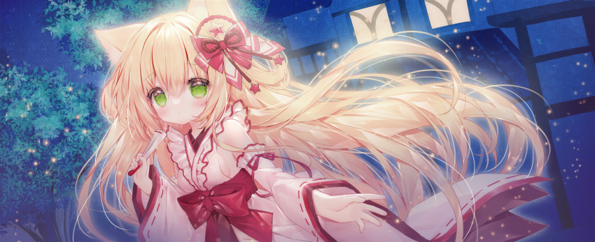 1girl absurdres animal_ears bare_shoulders blonde_hair bow breasts cat_ears cat_girl cat_tail detached_sleeves dress frilled_dress frilled_sleeves frills green_eyes guo_jiang_mullay hair_ornament hair_ribbon hand_fan highres house japanese_clothes kimono lights lily_(nyaruru_fishy_fight) long_hair looking_at_viewer non-web_source nyaruru_fishy_fight official_art paper_fan pink_dress ribbon small_breasts tail town yukata