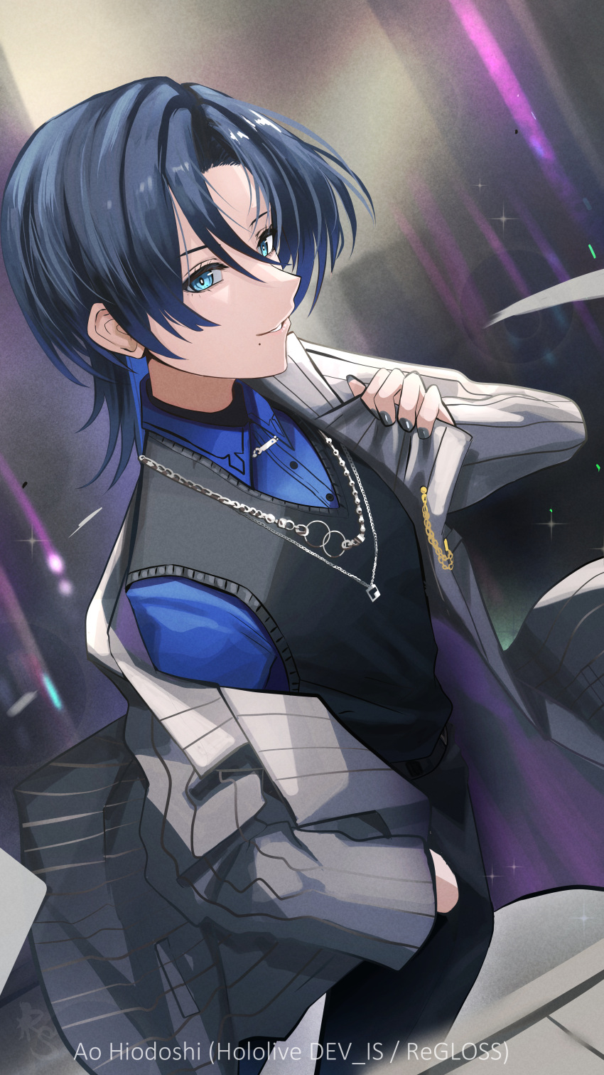 1girl absurdres black_sweater_vest blue_eyes blue_hair blue_nails blue_shirt chain_necklace character_name collared_shirt grey_jacket hand_in_pocket highres hiodoshi_ao hololive jacket jewelry nail_polish necklace opened_by_self parted_bangs parted_lips profile rogi_shin shirt short_hair solo striped striped_jacket sweater_vest vertical-striped_jacket vertical_stripes virtual_youtuber