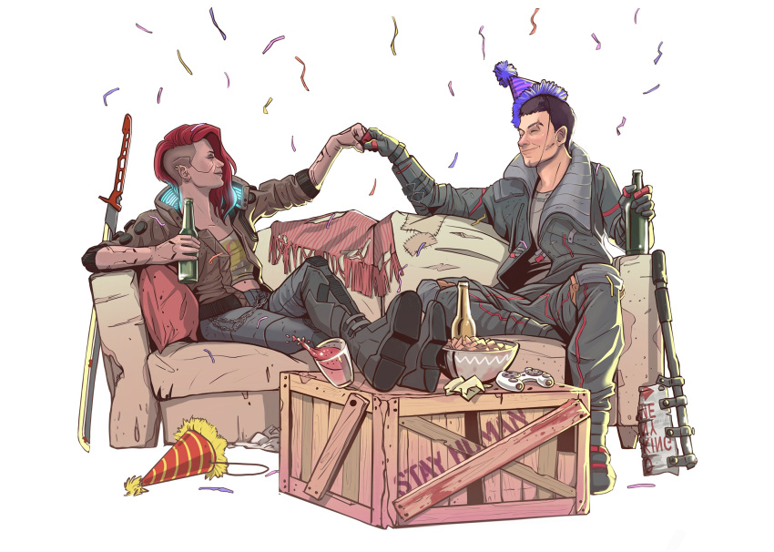 1boy 1girl black_hair boots bottle bowl brown_jacket confetti controller couch crate crossed_legs cup cyberpunk_(series) fist_bump game_controller grey_pants hat highres holding holding_bottle jacket official_art on_couch open_clothes open_jacket pants party_hat redhead short_hair side_cut simple_background sword v_(cyberpunk) weapon white_background