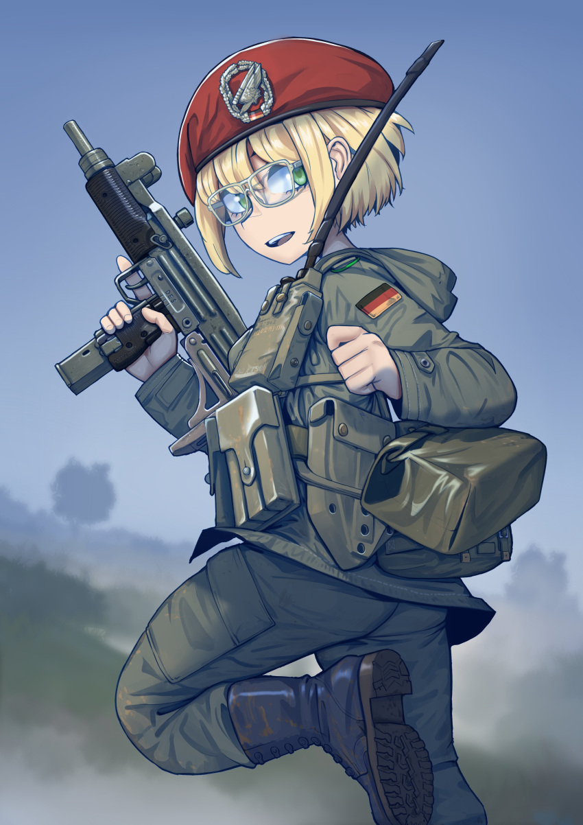 1girl absurdres ammunition_pouch beret blonde_hair blurry blurry_background boots commission erica_(naze1940) fallschirmjager german_army german_flag glasses green_eyes gun hat highres holding holding_gun holding_weapon hood imi_uzi load_bearing_equipment looking_at_viewer looking_back machine_pistol medal open_mouth original pouch radio radio_antenna red_headwear short_hair solo standing standing_on_one_leg submachine_gun tactical_clothes trigger_discipline walkie-talkie weapon