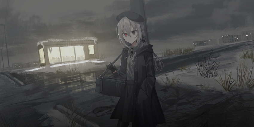 1girl bag beret black_gloves black_headwear black_jacket black_pantyhose black_skirt building chihuri closed_mouth clouds cloudy_sky collared_shirt commentary_request dress_shirt eve_(chihuri) gloves grey_eyes grey_hair grey_shirt hair_between_eyes hand_in_pocket hat highres hood hood_down hooded_jacket jacket long_hair open_clothes open_jacket original outdoors overcast pantyhose pole power_lines road shirt skirt sky snow solo water