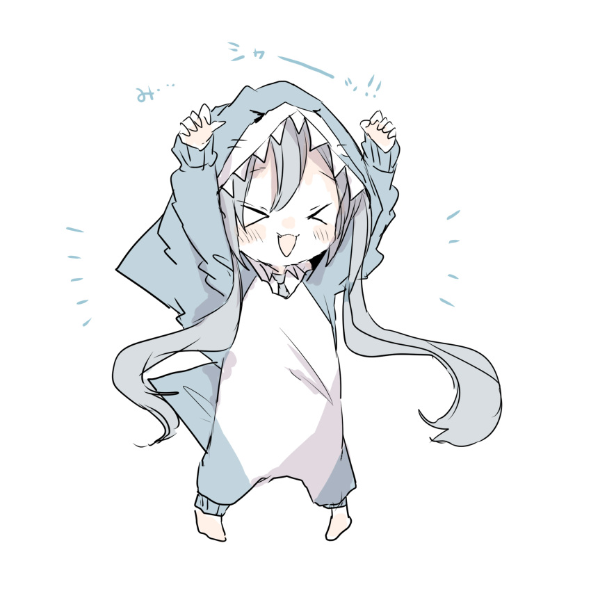 &gt;_&lt; 1girl animal_costume arms_up barefoot blush chibi closed_eyes commentary_request full_body grey_hair grey_necktie hair_between_eyes hatsune_miku highres hood hood_up long_hair long_sleeves necktie notice_lines open_mouth shark_costume shirt simple_background sleeves_past_wrists smile solo standing translation_request vocaloid white_background white_shirt xxxx_saki