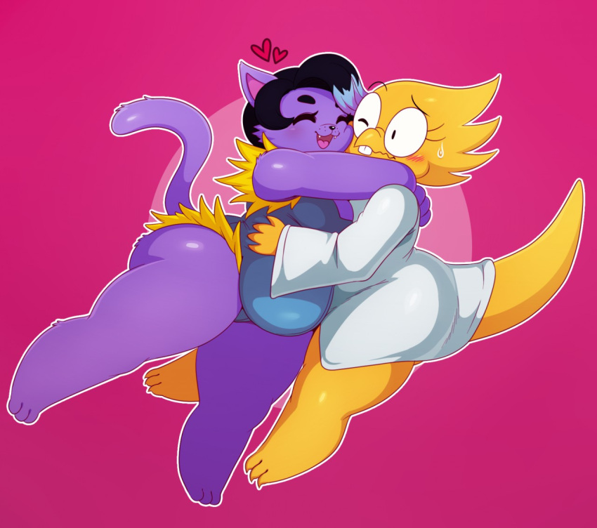 2girls 3_toes 4_fingers alphys anthro anthro_only ass barefoot big_ass big_breasts black_hair blue_hair blush cat cat_girl cat_tail catty_(undertale) chubby closed_eyes clothing coat cute domestic_cat duo embrace eyewear fangs feet felid feline felis female_only fingers fur glasses grin hair heart hugging lab_coat lizard lizard_girl magenta_background mammal multicolored_hair open_mouth pink_background purple_body purple_fur purple_hair reptile reptile_girl scales scalie sfw simple_background smile sssonic2 sweat sweatdrop tail teeth toes tongue two-tone_background two_tone_background two_tone_hair undertale video_games wholesome yellow_body yellow_scales yellow_skin