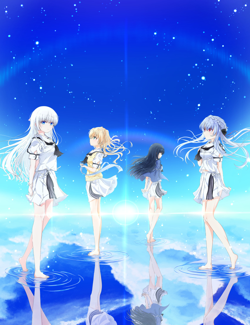 4girls absurdres arm_at_side arm_behind_back arms_behind_back barefoot black_hair blonde_hair blue_capelet blue_eyes blue_hair blue_ribbon blue_sky braid breasts capelet closed_mouth commentary_request crown_braid expressionless eyes_visible_through_hair floating_clothes floating_hair green_eyes hair_between_eyes hand_up highres holding holding_ribbon horizon kushima_kamome kyamiuu legs light_blush light_particles long_hair long_ribbon looking_afar looking_at_viewer medium_breasts miniskirt multiple_girls naruse_shiroha ocean profile puffy_short_sleeves puffy_sleeves rainbow red_eyes reflection reflective_water ribbon ripples school_uniform shirt short_sleeves sidelocks skirt sky small_breasts smile sorakado_ao standing straight_hair summer_pockets sun sweater_vest tiptoes tsumugi_wenders twintails very_long_hair white_hair white_shirt white_skirt wide_shot wind wind_lift yellow_eyes yellow_sweater_vest