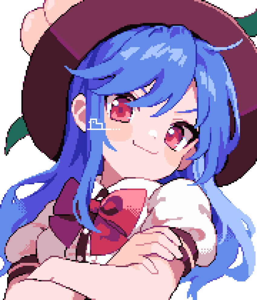 1girl ahiru_tokotoko black_headwear blue_hair buttons center_frills closed_mouth crossed_arms frills fruit_hat_ornament hat hat_ornament highres hinanawi_tenshi long_hair peach_hat_ornament pixel_art puffy_short_sleeves puffy_sleeves red_eyes shirt short_sleeves simple_background smug solo touhou upper_body white_background white_shirt