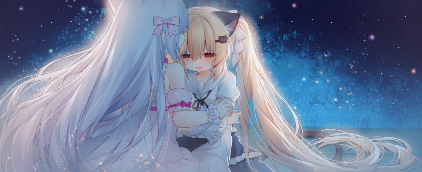 2girls absurdres animal_ears bare_shoulders black_skirt blonde_hair bow breasts cat_ears cat_girl cat_tail choker collared_shirt comforting crying dress frilled_dress frilled_skirt frills guo_jiang_mullay hair_bow hair_ornament highres long_hair looking_at_another multiple_girls night night_sky non-web_source nyakori_(nyakori's_rabbit_doll) nyakori_(nyaruru_fishy_fight) nyaruru nyaruru_fishy_fight official_art pink_dress red_eyes sailor_collar sailor_shirt shirt skirt sky small_breasts star_(sky) starry_sky tail white_hair