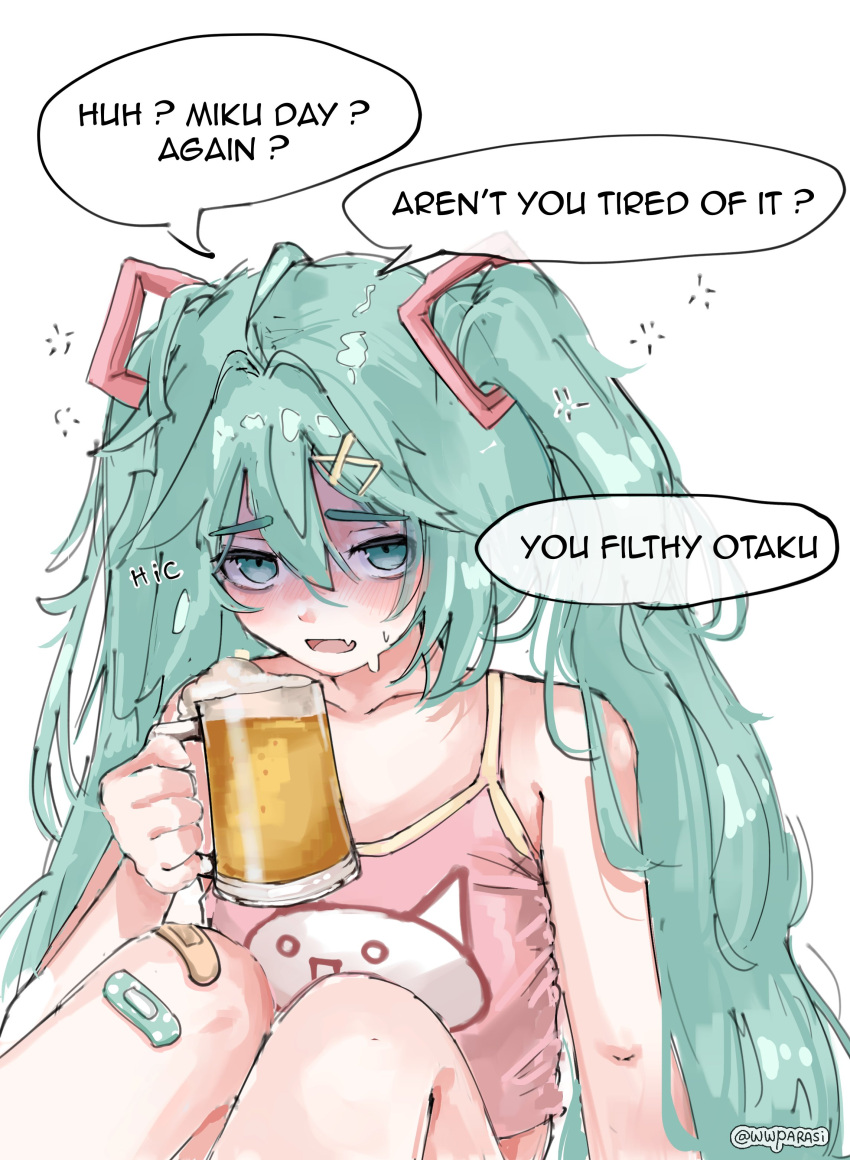 1girl absurdres alcohol bandaid beer blue_eyes blue_hair blush drunk english_text fang hair_between_eyes hair_ornament hatsune_miku highres knees_up long_hair miku_day open_mouth pink_tank_top shaded_face skin_fang sweat tank_top twintails twitter_username very_long_hair vocaloid white_background wwparasi x_hair_ornament