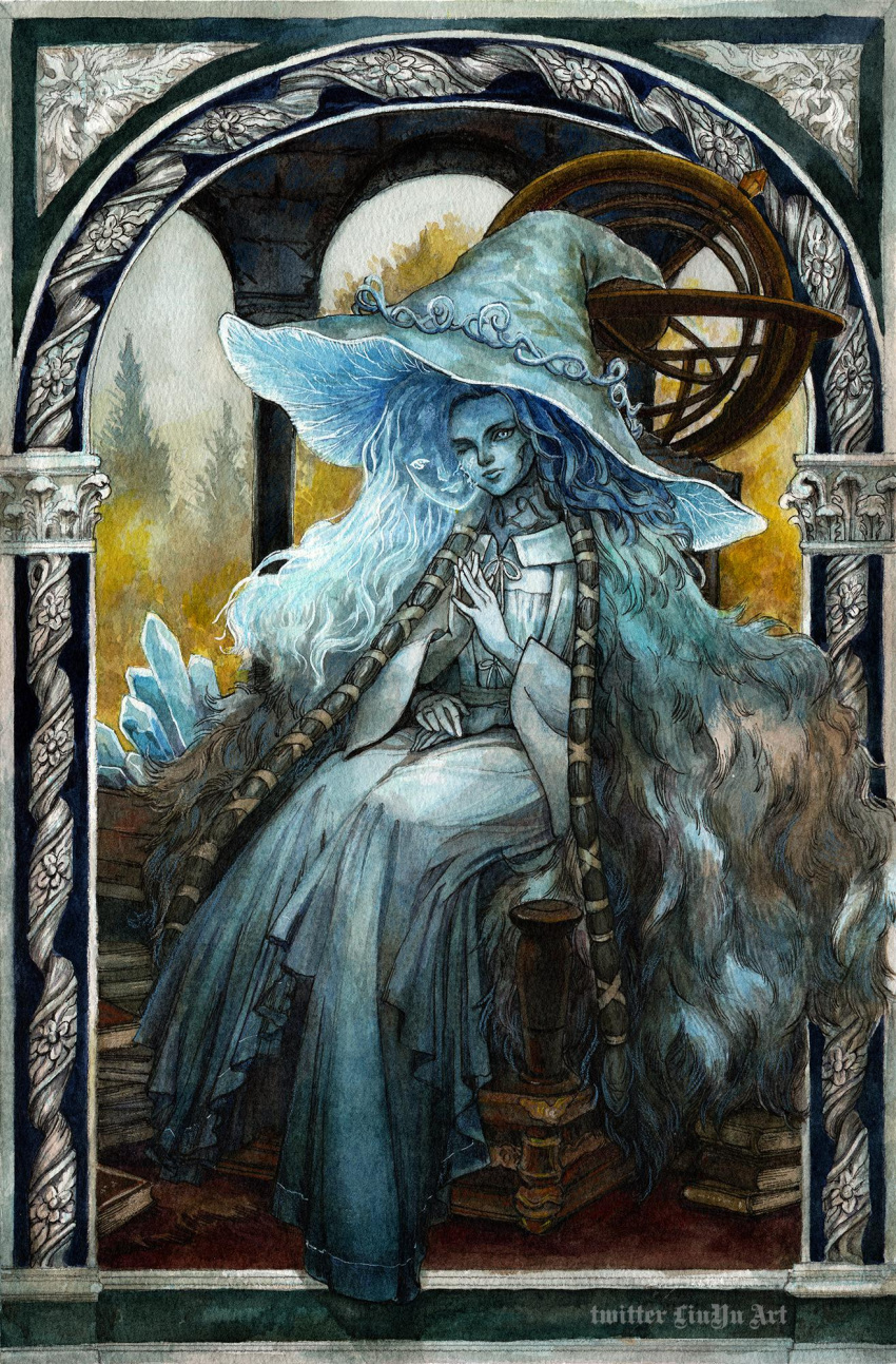 1girl blue_dress blue_eyes blue_hair blue_headwear blue_robe blue_skin book book_stack cloak colored_skin cracked_skin crystal dress elden_ring extra_arms extra_faces extra_hands eyes_visible_through_headwear fur_cloak hands_on_lap hat highres large_hat liuyuart looking_at_viewer medium_hair observatory on_chair one_eye_closed ornate_border painting_(medium) ranni_the_witch robe sitting steepled_fingers traditional_media tree watercolor_(medium) wide_brim witch witch_hat