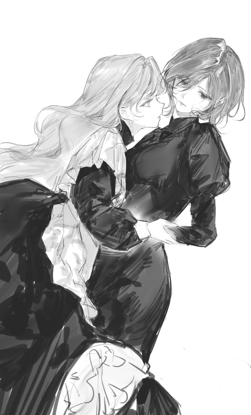 2girls apron closed_mouth dress expressionless greyscale hair_between_eyes highres holding_another's_arm juliet_sleeves long_hair long_sleeves looking_at_another maid_apron moaomao_mo monochrome multiple_girls original puffy_sleeves short_hair simple_background sketch smile white_background
