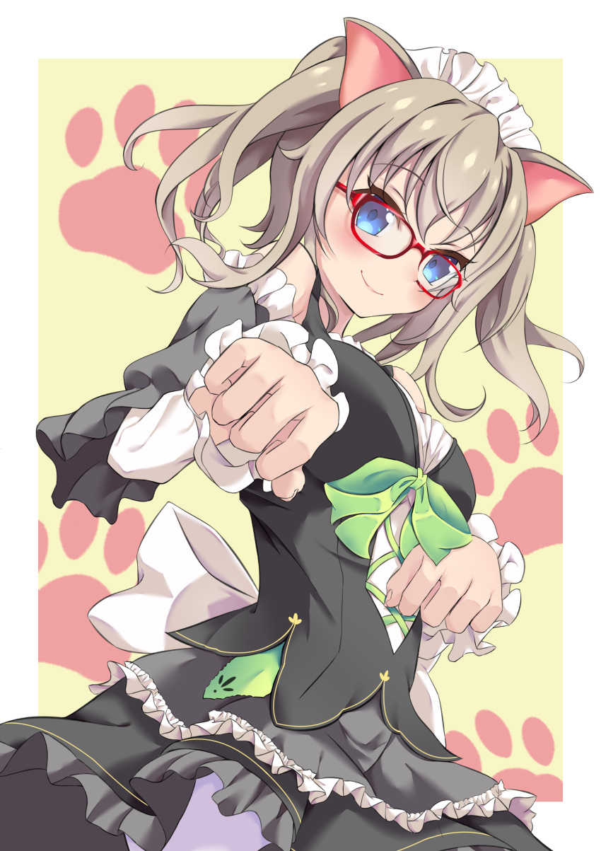 1girl 9-nine- absurdres animal_ears back_bow bare_shoulders black_dress blue_eyes blush bow breasts cat_ears closed_mouth commentary_request cowboy_shot dress eyelashes framed frilled_dress frilled_sleeves frills glasses green_bow hair_between_eyes hato_maron highres kujou_miyako large_breasts light_brown_hair long_hair long_sleeves looking_at_viewer maid maid_headdress official_alternate_costume official_alternate_hairstyle paw_pose paw_print red-framed_eyewear simple_background smile solo standing twintails waitress white_bow yellow_background