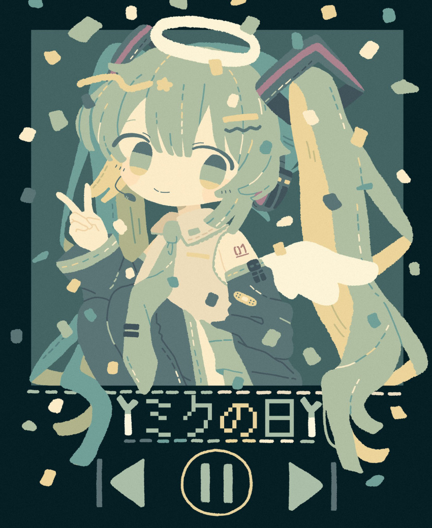 1girl angel_wings arrow_(symbol) bandaid bandaid_on_clothes border closed_mouth collared_shirt confetti detached_sleeves green_hair green_necktie grey_shirt halo hatsune_miku headset highres kanato345 long_hair multicolored_eyes necktie no_nose page_number pause_button shirt shoulder_tattoo skirt smile solo split_mouth spring_onion tattoo thigh-highs tie_clip translation_request twintails v very_long_hair vocaloid white_wings wings