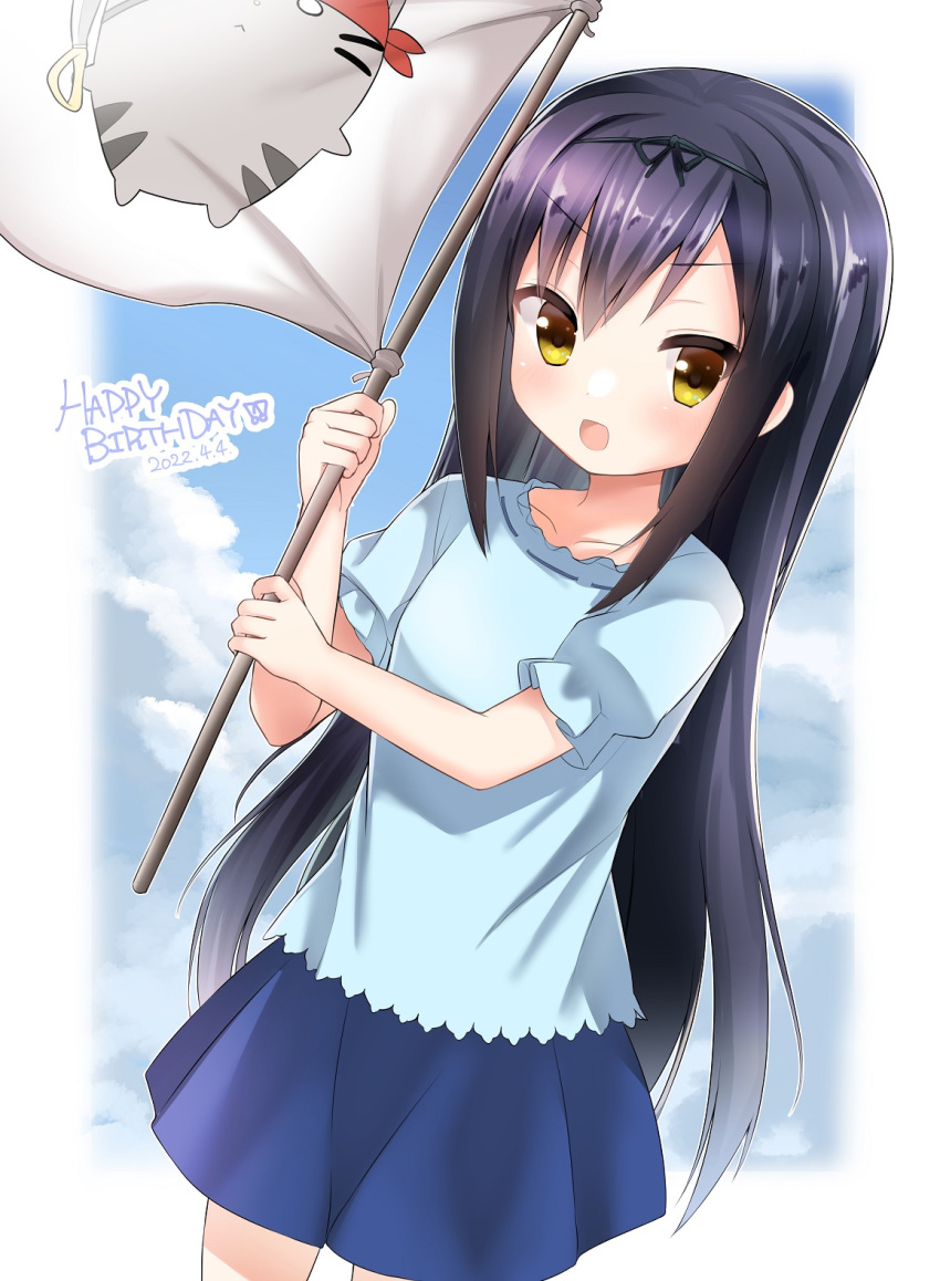 1girl 2022 :d aged_down aqua_shirt black_hair black_ribbon blue_ribbon blue_skirt blush child commentary cowboy_shot dated eyelashes flag frilled_shirt frills hair_between_eyes hair_ribbon hands_up happy_birthday highres holding holding_flag kushima_kamome long_hair looking_at_viewer miniskirt open_mouth puffy_short_sleeves puffy_sleeves ribbon ribbon-trimmed_shirt shirt short_sleeves sidelocks skirt smile solo standing straight_hair summer_pockets takepoison v-shaped_eyebrows very_long_hair yellow_eyes