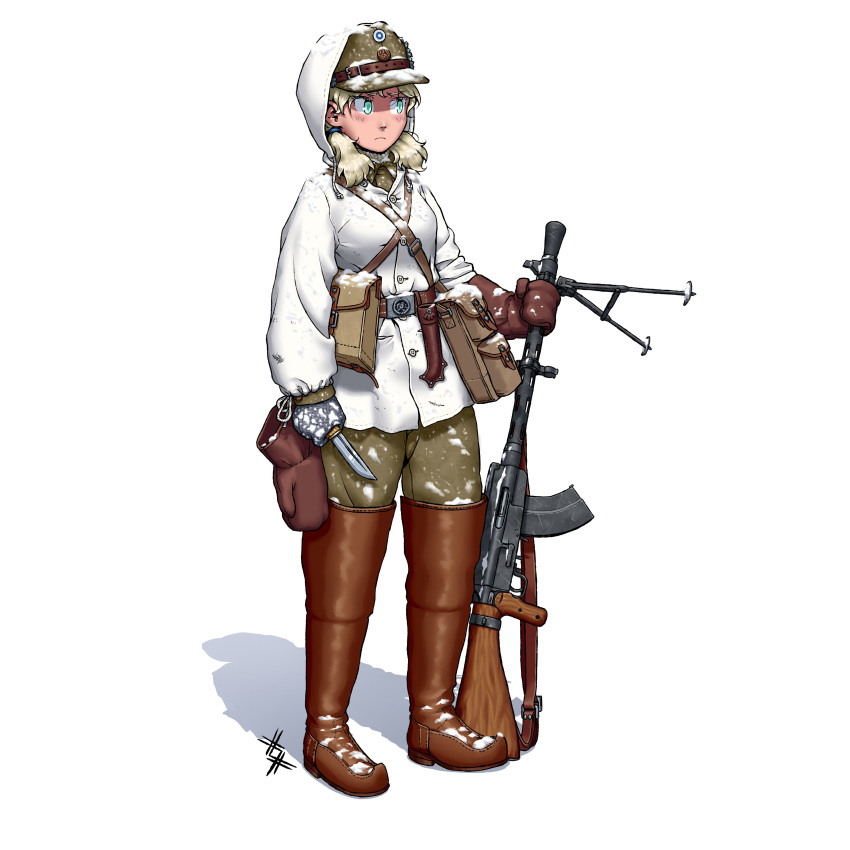 1girl absurdres blonde_hair blue_eyes boots brown_mittens camouflage camouflage_jacket finland finnish_army finnish_clothes full_body gloves gun gun_sling hat highres holding holding_gun holding_weapon jacket lahti-saloranta_m/26 light_machine_gun long_sleeves military military_uniform mittens original ostwindprojekt pants simple_background snow solo twintails uniform weapon white_background winter_clothes