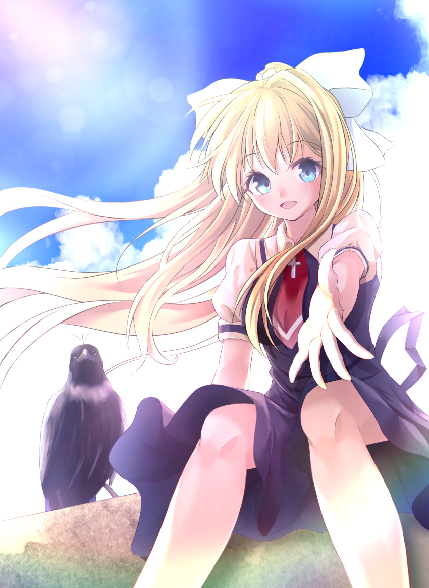 1girl absurdres air_(visual_novel) arm_at_side bird black_dress blonde_hair blue_eyes blue_sky blush bow clouds commentary_request cross_print crow day dress eyelashes feet_out_of_frame floating_clothes floating_hair hair_between_eyes hair_bow hair_intakes hato_maron highres kamio_misuzu lens_flare long_hair looking_at_viewer necktie open_mouth outdoors pinafore_dress puffy_short_sleeves puffy_sleeves rainbow reaching reaching_towards_viewer red_necktie shirt short_necktie short_sleeves sidelocks sitting sky sleeveless sleeveless_dress smile solo straight_hair summer summer_uniform very_long_hair white_bow white_shirt wind wind_lift