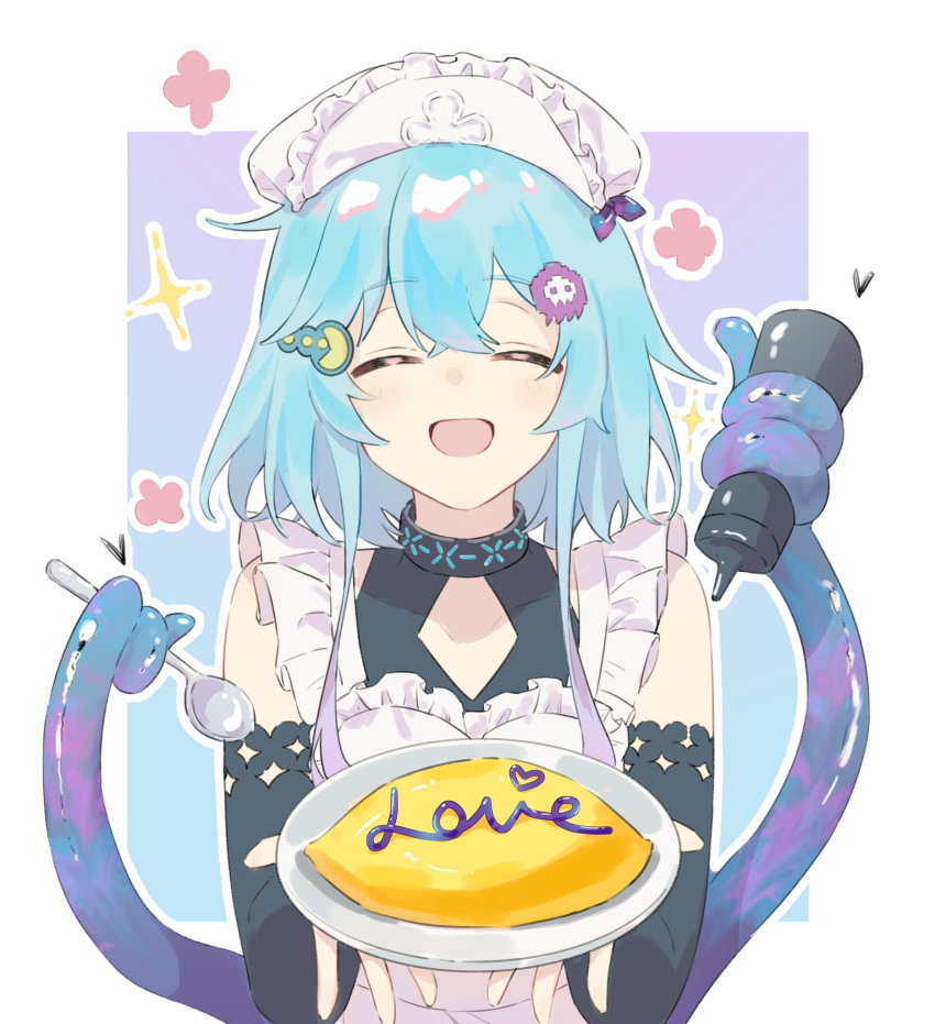 1boy alternate_costume apron arknights black_dress black_sleeves blue_background blue_hair border bottle cleavage_cutout closed_eyes clothing_cutout commentary_request crossdressing dress english_text enmaided flower food gradient_background gradient_hair hair_ornament heart highres holding holding_bottle holding_plate holding_spoon light_blue_hair maid maid_headdress male_focus mizuki_(arknights) multicolored_hair omelet omurice open_mouth outline plate purple_background purple_hair short_hair_with_long_locks smile solo sparkle spoon squeeze_bottle tentacles upper_body white_apron yuzuki39589297