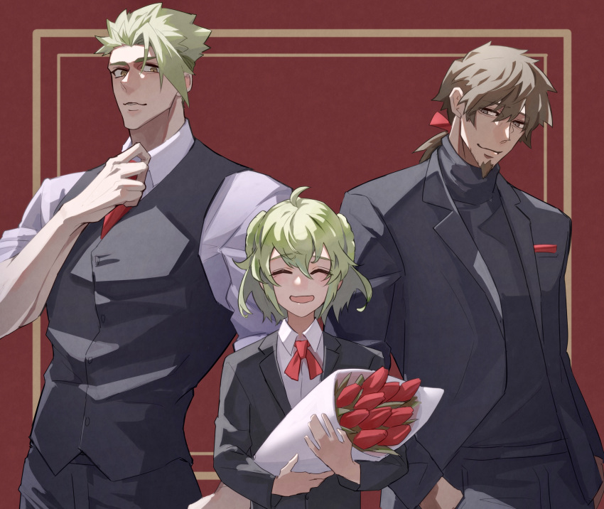 3boys absurdres achilles_(fate) adjusting_clothes adjusting_necktie ahoge black_jacket black_pants black_sweater black_vest bouquet braid braided_bun brown_eyes brown_hair buttons closed_eyes closed_mouth collared_shirt facial_hair fate/grand_order fate_(series) flower goatee grey_hair hair_bun hair_ribbon haruakira hector_(fate) highres jacket long_hair male_focus mature_male multiple_boys muscular muscular_male necktie open_mouth orange_eyes otoko_no_ko pants paris_(fate) red_background red_flower red_necktie red_ribbon ribbon shirt short_hair smile sweater turtleneck turtleneck_sweater undercut upper_body vest white_shirt