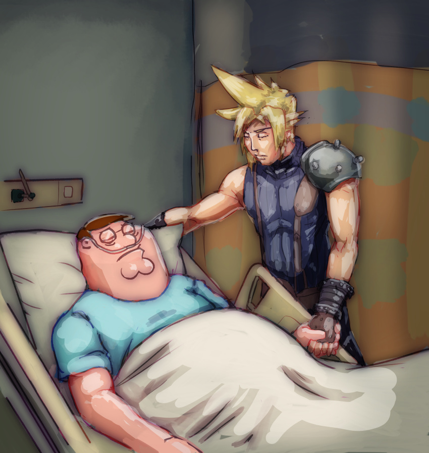 2boys absurdres armor bed black_shirt blonde_hair blue_shirt bodko_(comradebodko) brown_gloves clip_studio_paint_(medium) closed_eyes cloud_strife crossover english_commentary family_guy final_fantasy final_fantasy_vii fingerless_gloves frown glasses gloves highres hospital_bed lying male_focus meme multiple_boys parted_lips peter_griffin peter_i_told_you_(meme) round_eyewear shirt shoulder_armor sleeveless sleeveless_shirt spiky_hair v-shaped_eyebrows