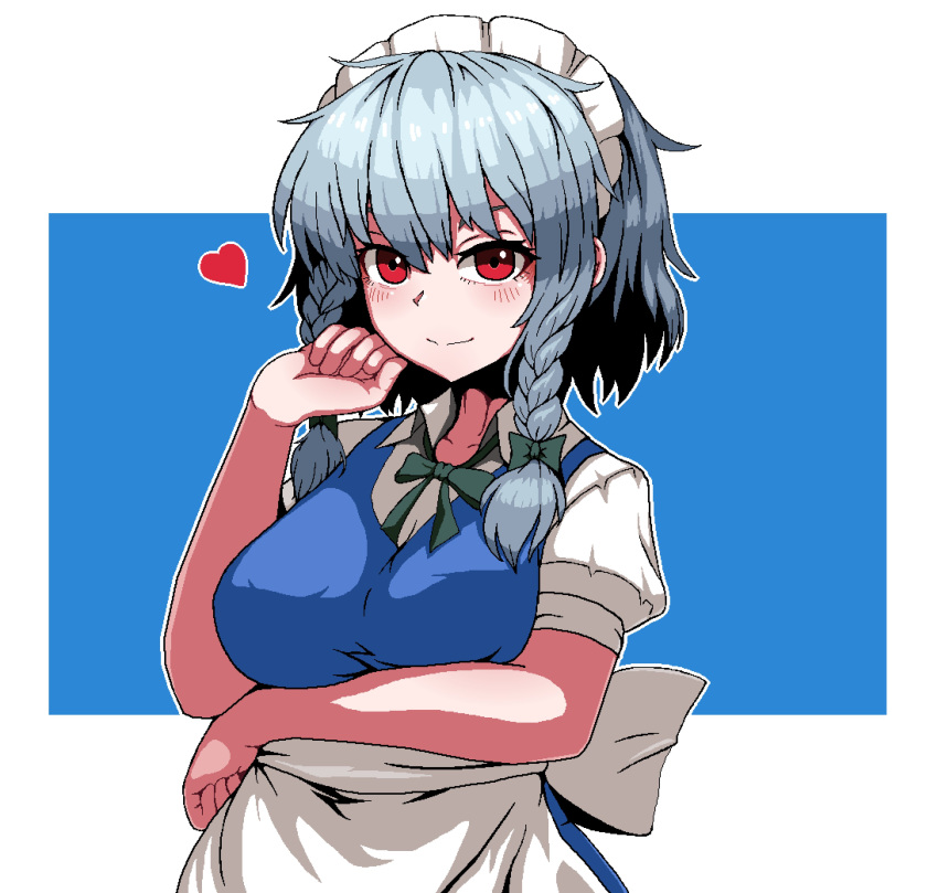 1girl absurdres apron arm_up blue_background blush bow braid breasts closed_mouth commentary einzeilhandery english_commentary formicid_(style) green_bow grey_hair hair_bow heart highres izayoi_sakuya looking_at_viewer maid maid_headdress medium_hair pixel_art red_eyes short_sleeves side_braids simple_background smile solo touhou twin_braids upper_body waist_apron