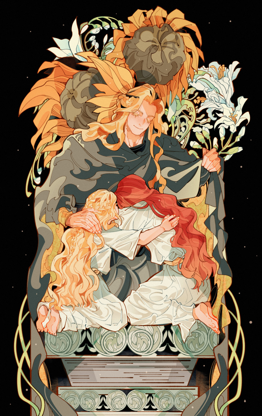 1girl 2boys arm_up blonde_hair braid brother_and_sister brothers closed_eyes colored_eyelashes drenched-in-sunlight elden_ring flower godwyn_the_golden grey_cloak half-siblings hand_on_another's_back hand_on_another's_neck highres holding_cloak hug kneeling long_hair malenia_blade_of_miquella miquella_(elden_ring) multiple_boys multiple_braids on_floor redhead siblings sunflower twins very_long_hair