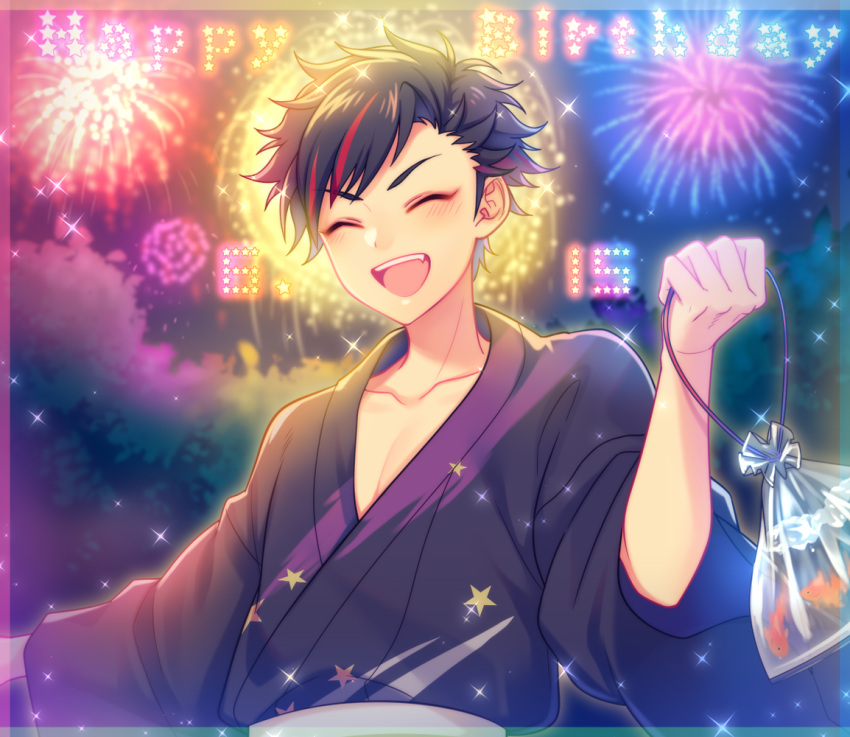 1boy bag black_hair chiyu_(silverxxxx) closed_eyes commentary_request dated ensemble_stars! facing_viewer fireworks fish happy_birthday holding japanese_clothes kimono male_focus multicolored_hair nagumo_tetora open_mouth outdoors plastic_bag redhead short_hair smile solo star_(symbol) streaked_hair teeth two-tone_hair upper_body upper_teeth_only