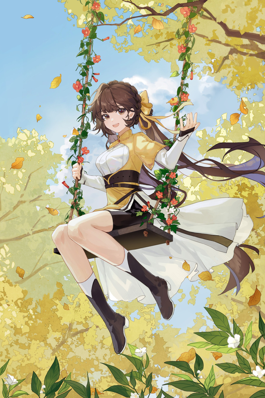 1girl :d absurdres black_footwear black_shorts blue_sky boots brown_eyes brown_hair chinese_clothes chinese_commentary clouds commentary commentary_request day dress flower full_body highres honkai_(series) honkai_impact_3rd layered_sleeves leaf li_sushang long_hair long_sleeves looking_at_viewer open_mouth outdoors qqqne second-party_source short_over_long_sleeves short_sleeves shorts sitting sky smile solo swing tree very_long_hair