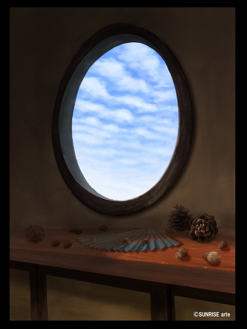 absurdres acorn blue_sky clouds cloudy_sky highres no_humans original pinecone round_window shadow sky still_life sunrise_arte table wall window wooden_table