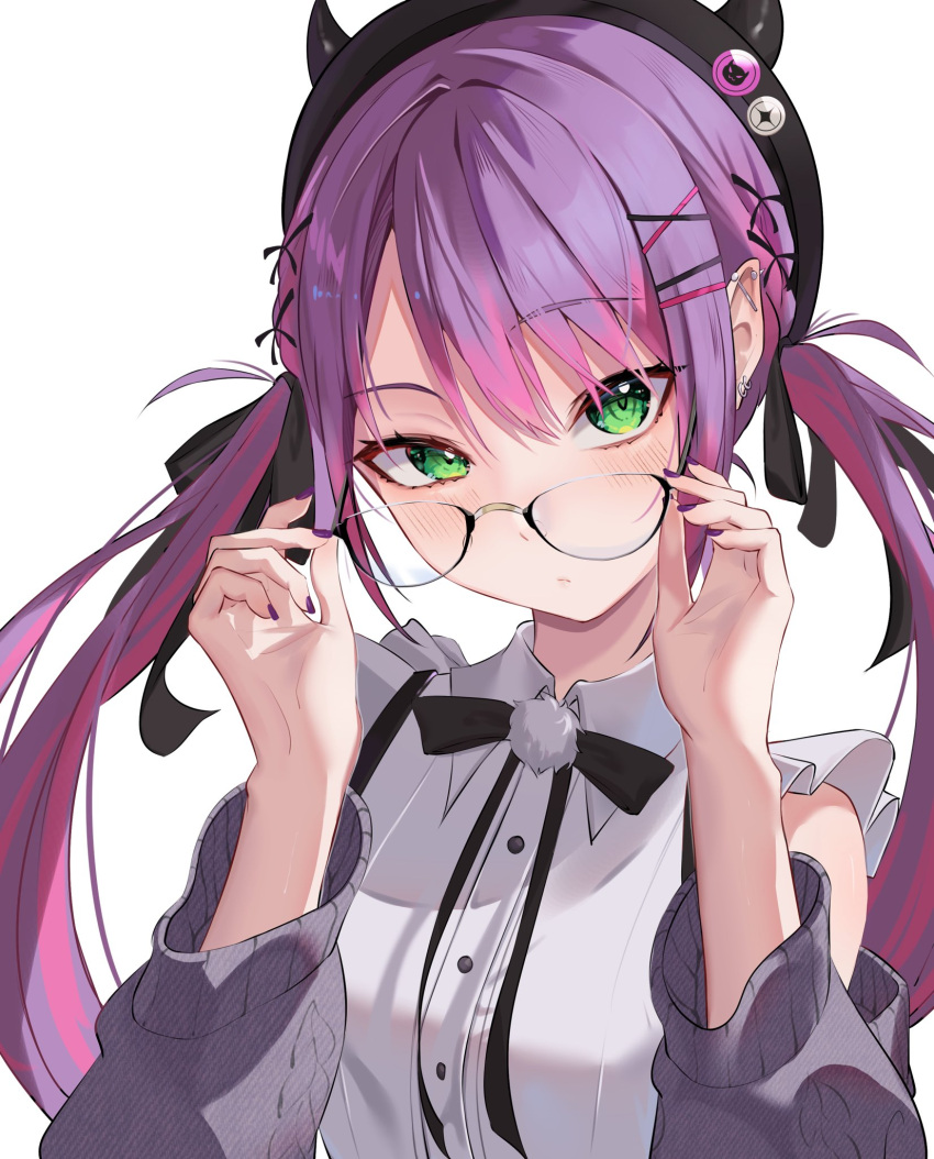 1girl adjusting_eyewear black_headwear blush bow bowtie breasts closed_mouth collared_shirt detached_sleeves glasses green_eyes hair_bow hair_ornament hairclip hands_up hat highres hololive looking_at_viewer multicolored_hair panda_0035 pointy_ears pom_pom_(clothes) shirt sidelocks simple_background sleeveless sleeveless_shirt small_breasts solo streaked_hair tokoyami_towa twintails violet_eyes white_background x_hair_ornament